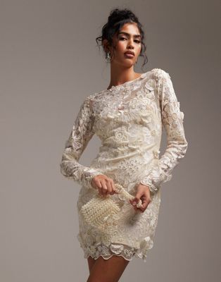 ASOS DESIGN long sleeve embroidered mini wedding dress in cream