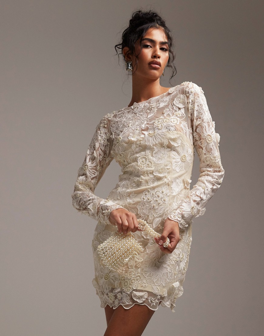 Asos Design Long Sleeve Embroidered Mini Wedding Dress In Cream-neutral