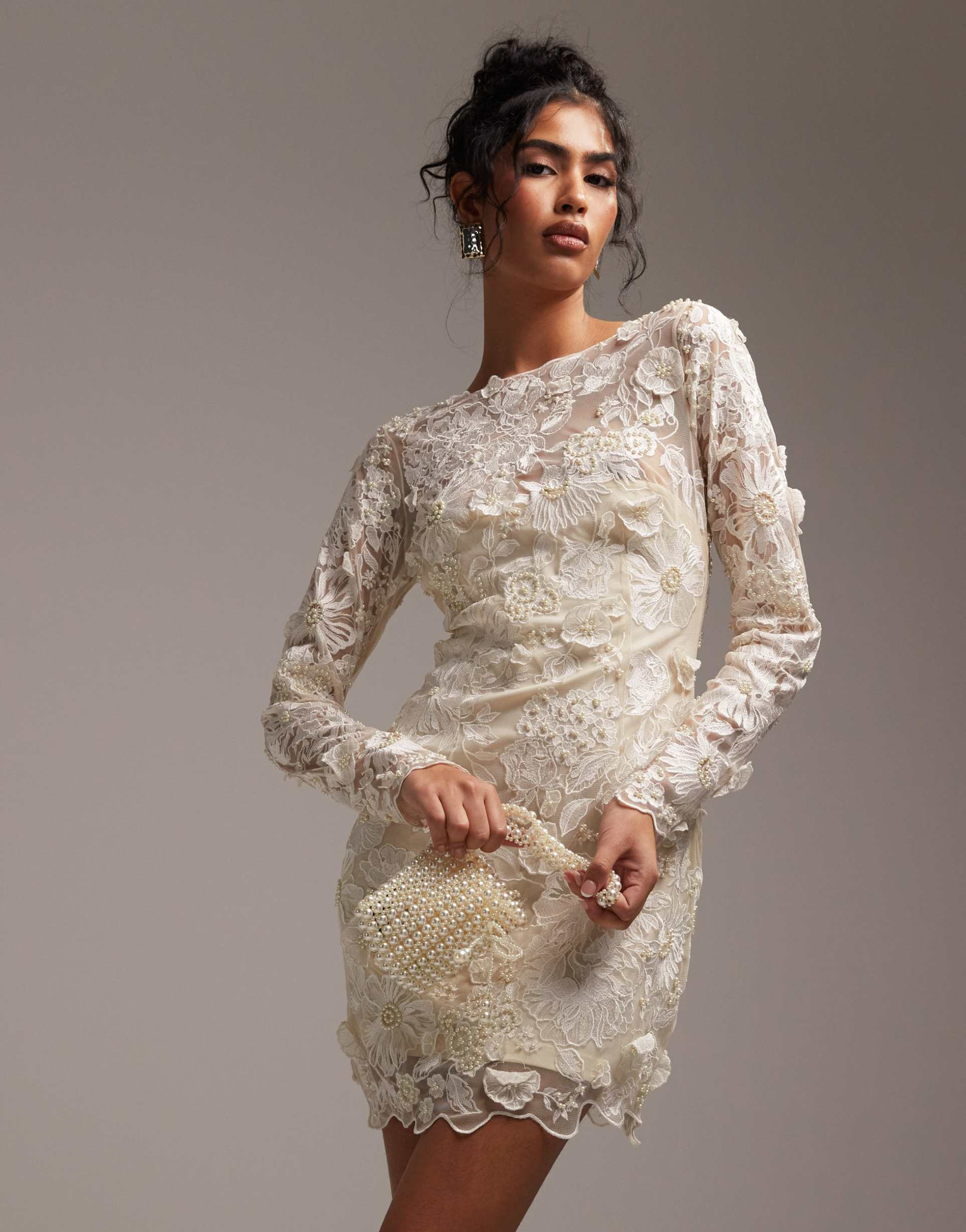 asos design long sleeve embroidered mini wedding dress in cream