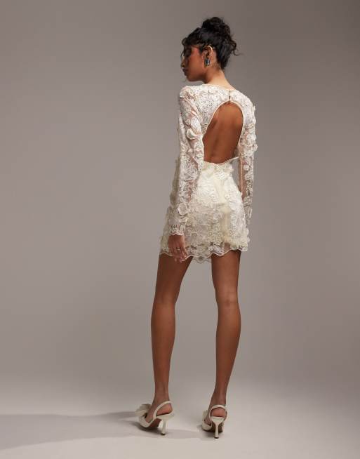 ASOS DESIGN long sleeve embroidered mini wedding dress in cream