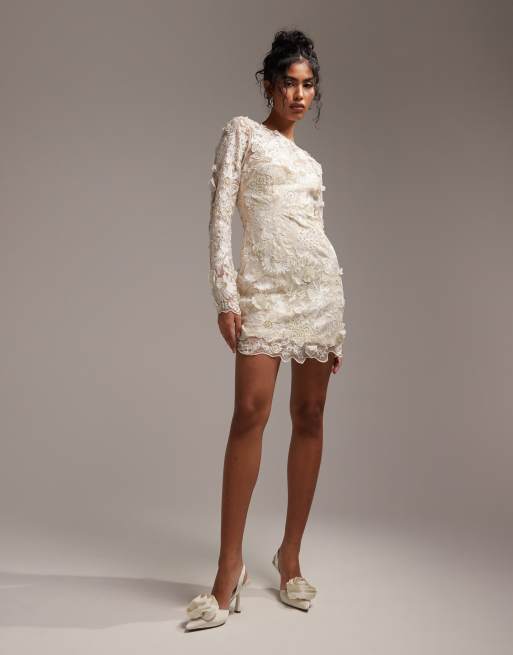 ASOS DESIGN long sleeve embroidered mini wedding dress in cream