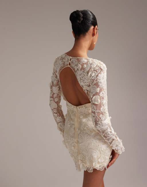 ASOS DESIGN long sleeve embroidered mini wedding dress in cream