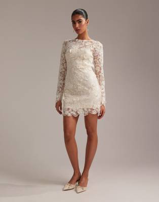 ASOS DESIGN long sleeve embroidered mini wedding dress in cream