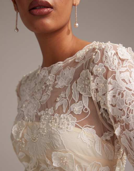 ASOS DESIGN long sleeve embroidered mini wedding dress in cream
