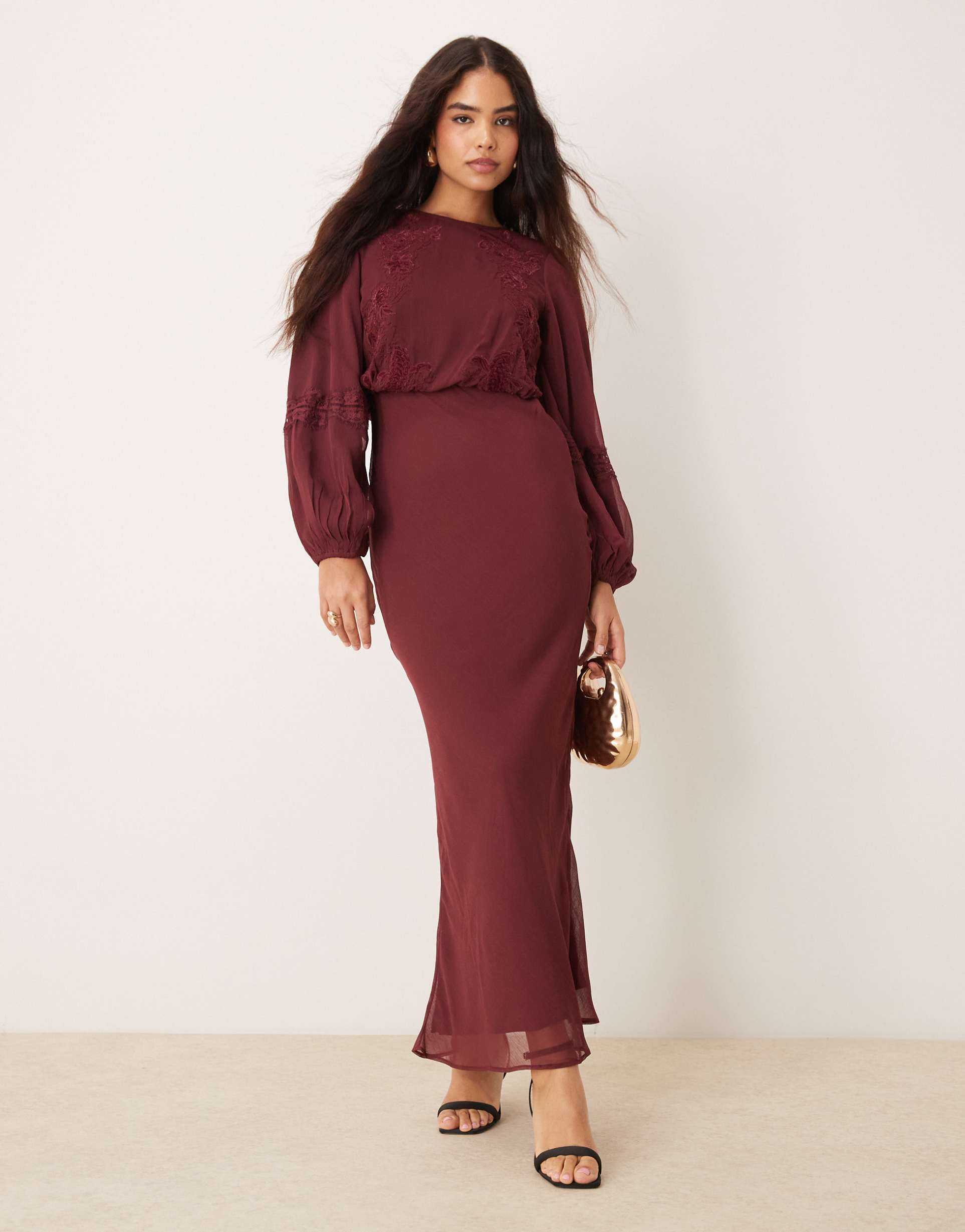 asos design long sleeve embroidered pintuck detail maxi dress in burgundy