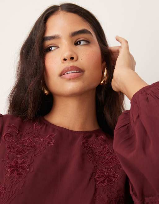 ASOS DESIGN long sleeve embroidered pintuck detail maxi dress in burgundy