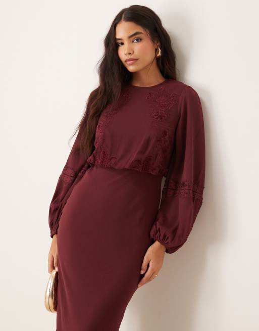 ASOS DESIGN long sleeve embroidered pintuck detail maxi dress in burgundy