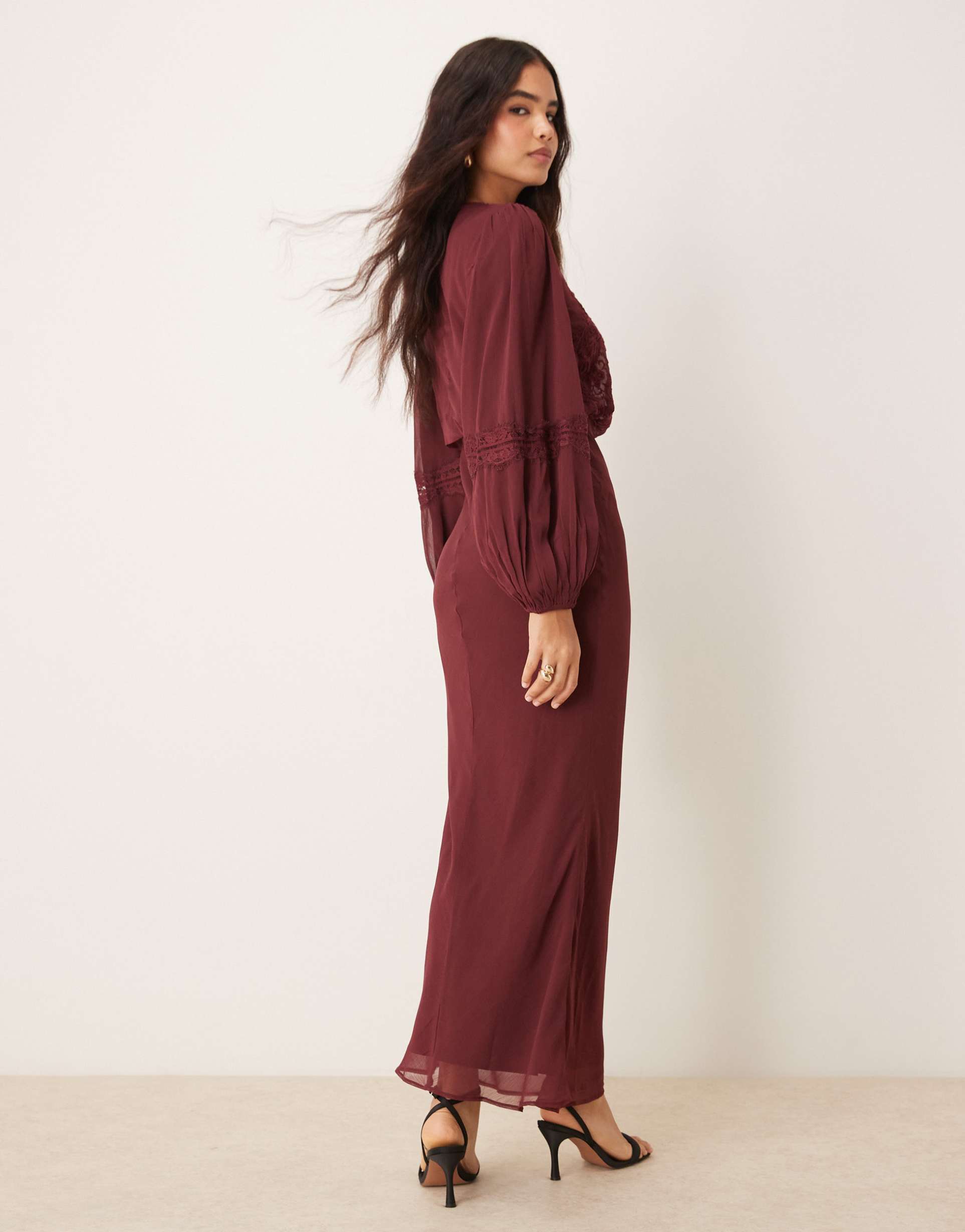 asos design long sleeve embroidered pintuck detail maxi dress in burgundy