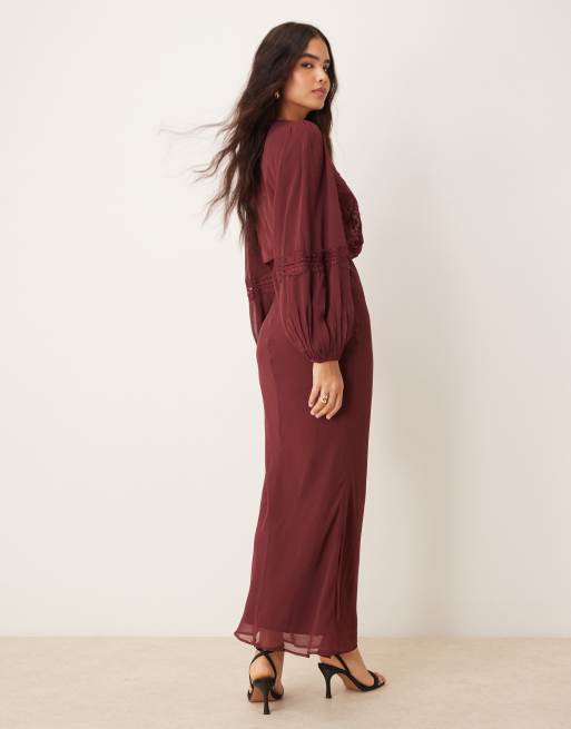 ASOS DESIGN long sleeve embroidered pintuck detail maxi dress in burgundy