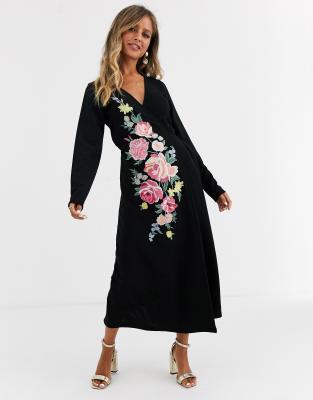 black long sleeve embroidered dress