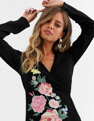 asos design long sleeve embroidered midi dress