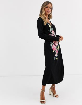 asos design long sleeve embroidered midi dress