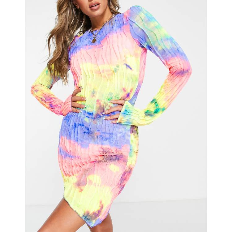 ASOS DESIGN long sleeve exposed seam mini beach dress with asymmetric hem  in tie dye