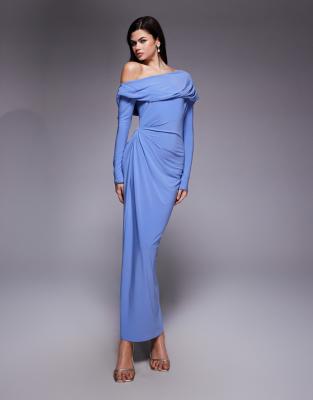 Asos Design Long Sleeve Fallen Shoulder Maxi Dress With Draped And Ruching Details In Blue