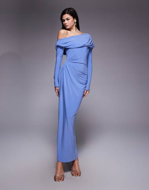 ASOS DESIGN long sleeve fallen shoulder maxi dress with draped and ruching details in blue - view 1