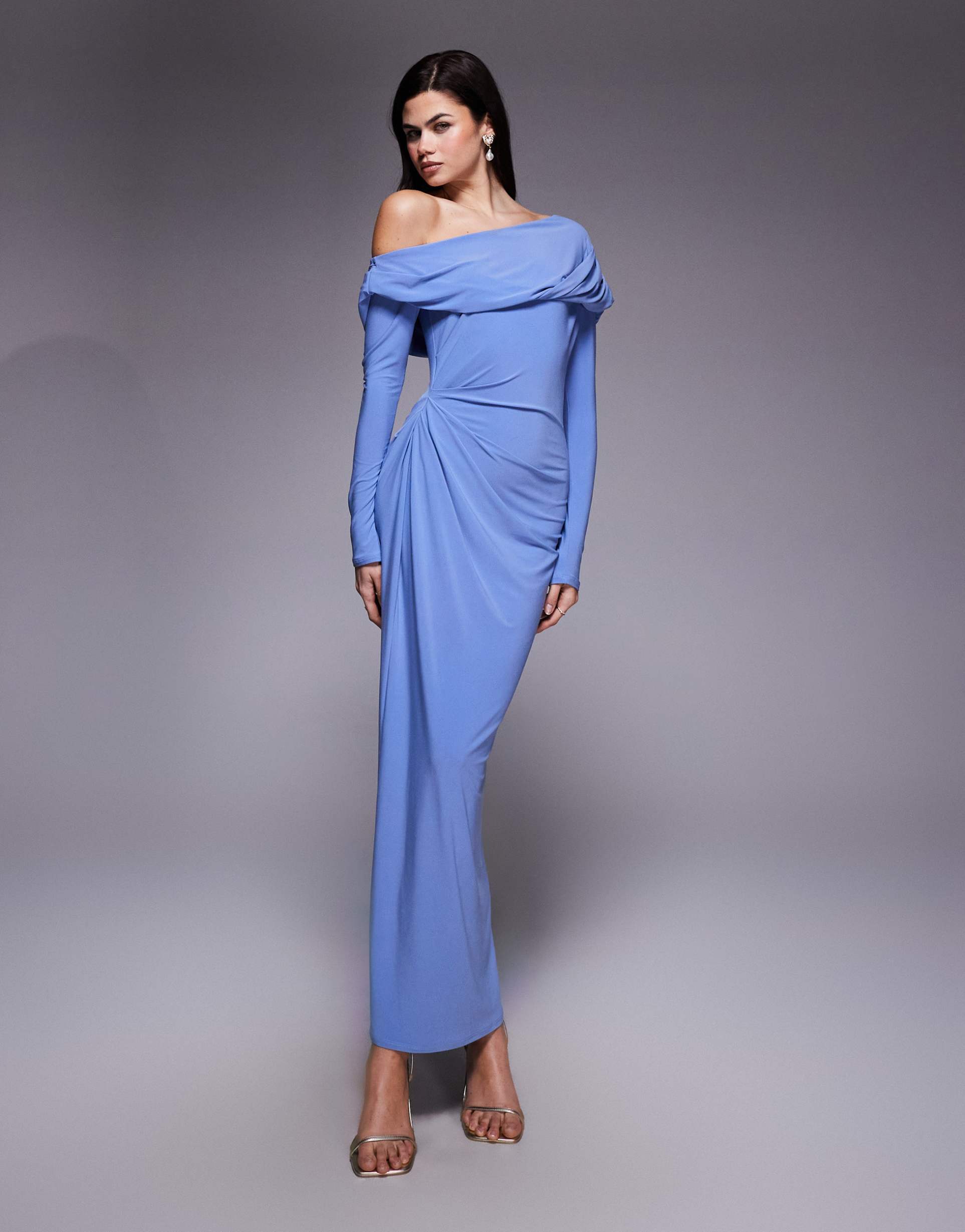 asos design long sleeve fallen shoulder maxi dress with draped and ruching details in blue