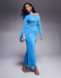 [ASOS DESIGN] ASOS DESIGN long sleeve fallen shoulder maxi dress with oversized waist trim in blue 16 Blue