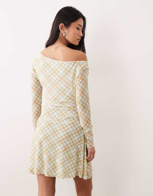 ASOS DESIGN long sleeve fallen shoulder mini dress in check print, 3 of 4