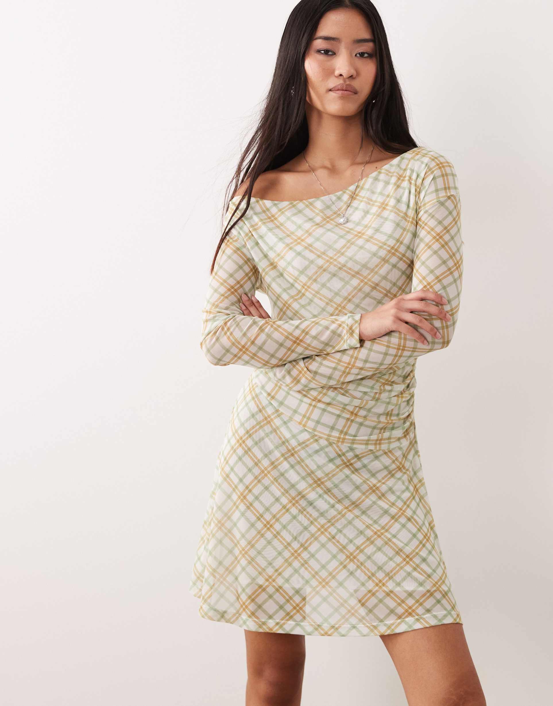 asos design long sleeve fallen shoulder mini dress in plaid print