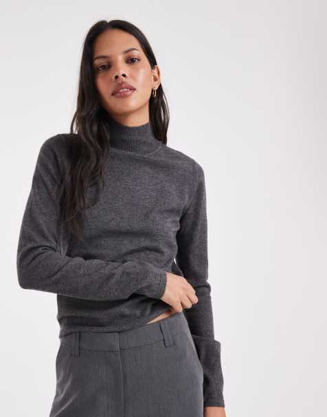 ASOS DESIGN long sleeve fine gauge roll neck jumper in charcoal - view 1