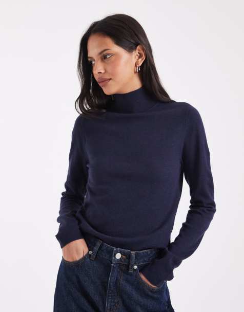 ASOS DESIGN long sleeve fine gauge roll neck jumper in navy - view 1