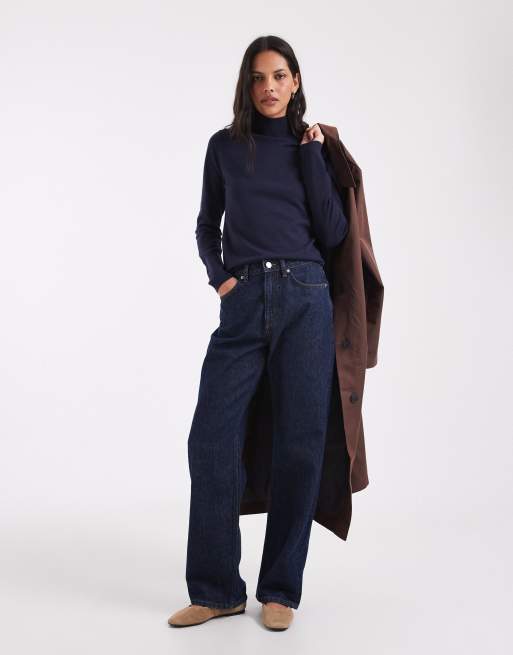 ASOS DESIGN long sleeve fine gauge roll neck jumper in navy, 2 of 4