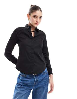 Asos Design Long Sleeve Fitted Shirt In Stretch Cotton In Black In Black