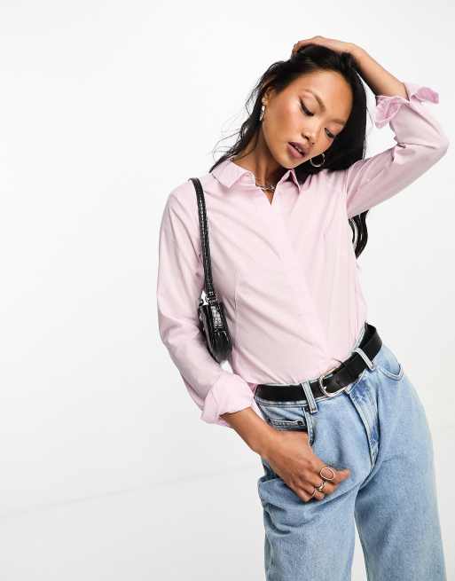 ASOS DESIGN long sleeve fitted stretch cotton shirt in pink & white stripe