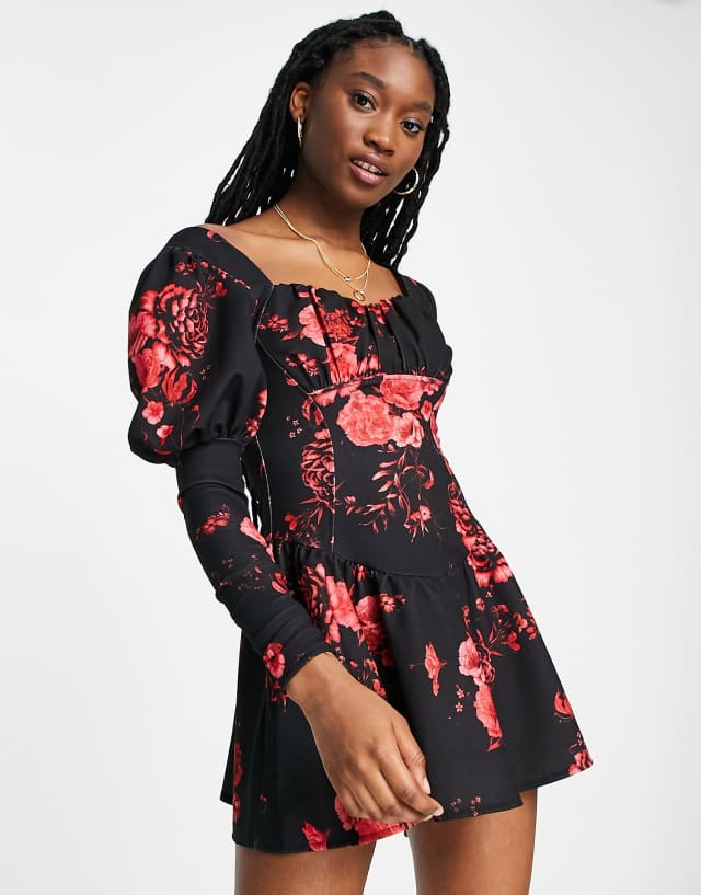 ASOS DESIGN long sleeve flippy mini dress with ruched bust in red floral print