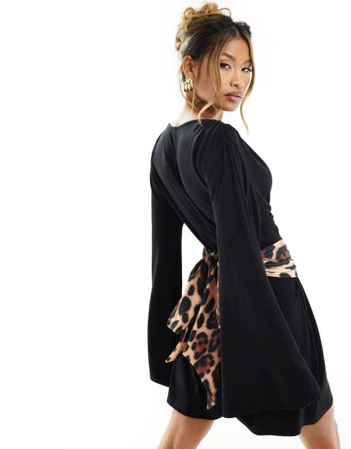 ASOS DESIGN long sleeve flippy wrap mini dress with leopard print belt in black ASOS