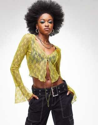 Asos Design Long Sleeve Floaty Lace Top In Lime-green In Green