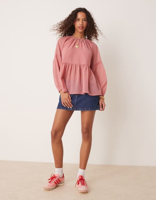 ASOS DESIGN long sleeve floaty smock top in pink