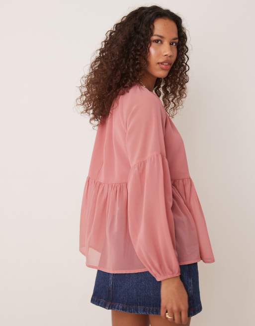 ASOS DESIGN long sleeve floaty smock top in pink