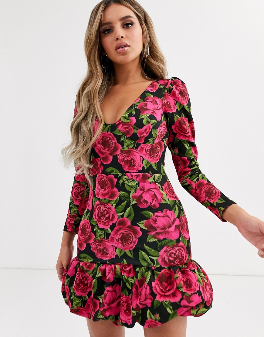 Asos Design Long Sleeve Floral Bubble Hem Mini Dress-multi