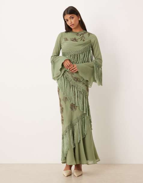 ASOS DESIGN long sleeve floral embellished maxi dress with draped fringing in light khaki