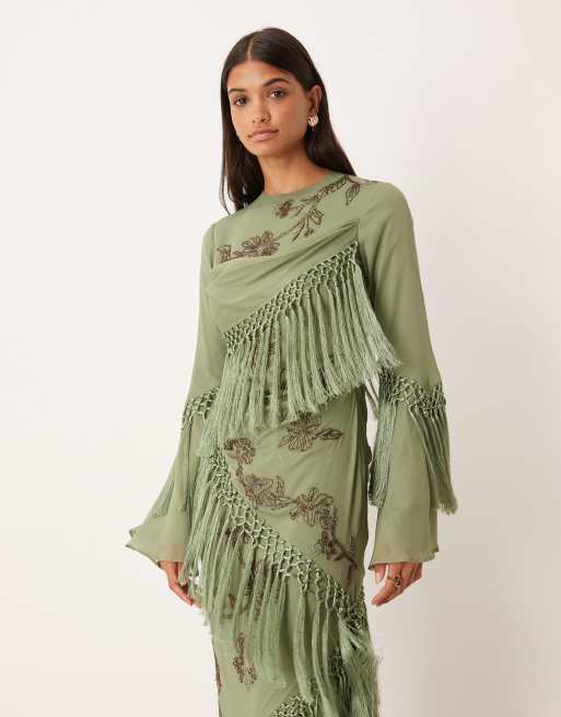 ASOS DESIGN long sleeve floral embellished maxi dress with draped fringing in light khaki, 3 of 4