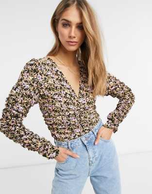 ASOS DESIGN long sleeve floral top ruched top-Multi