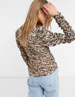 ASOS DESIGN long sleeve floral top ruched top