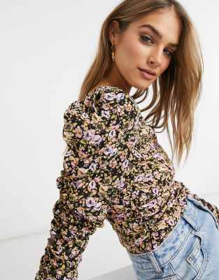 ASOS DESIGN long sleeve floral top ruched top