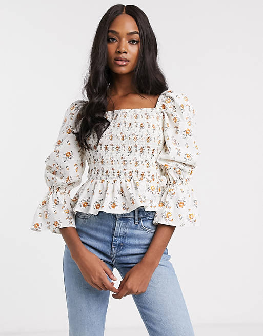 ASOS DESIGN long sleeve floral top with shirring