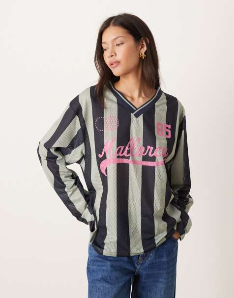 ASOS DESIGN long sleeve football style top with mallorca graphic in charcoal stripe
