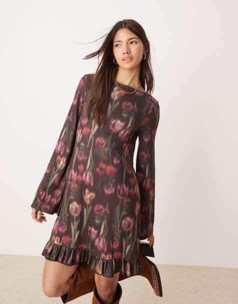 ASOS DESIGN long sleeve frill and open back mini dress in boho floral print - view 1