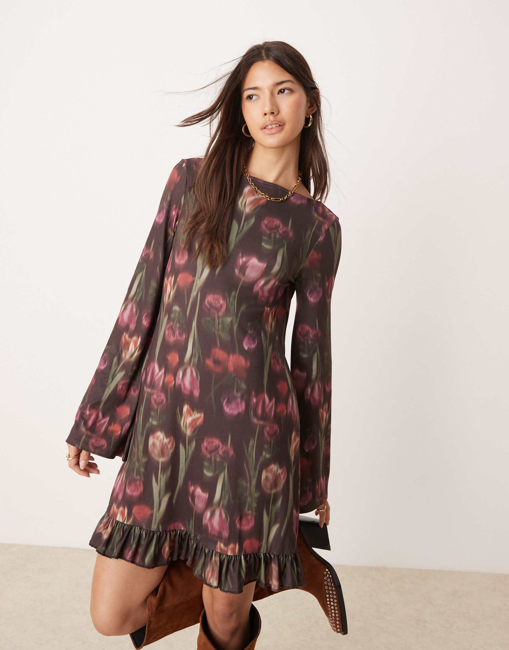 asos design long sleeve frill and open back mini dress in boho floral print