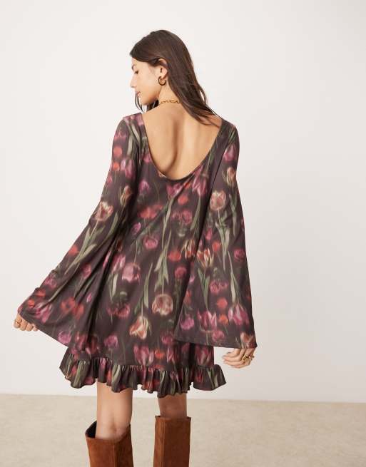 ASOS DESIGN long sleeve frill and open back mini dress in boho floral print ASOS