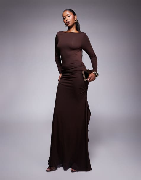ASOS DESIGN long sleeve frill detail a line maxi dress in chocolate - view 1