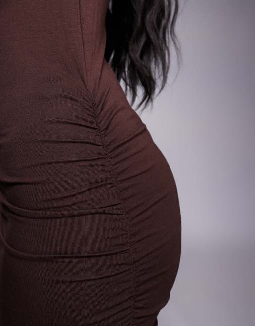 ASOS DESIGN long sleeve frill detail a line maxi dress in chocolate, 3 of 4