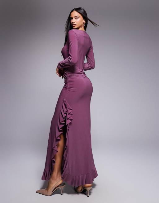 ASOS DESIGN long sleeve frill detail a line maxi dress in mulberry
