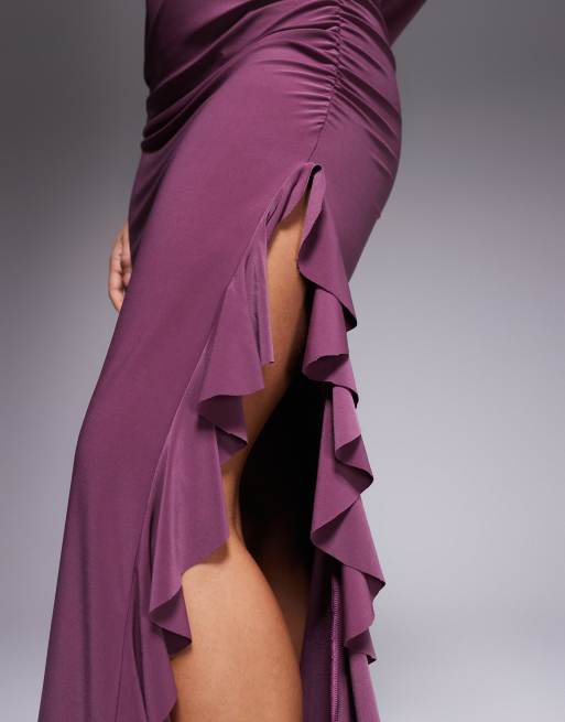 ASOS DESIGN long sleeve frill detail a line maxi dress in mulberry