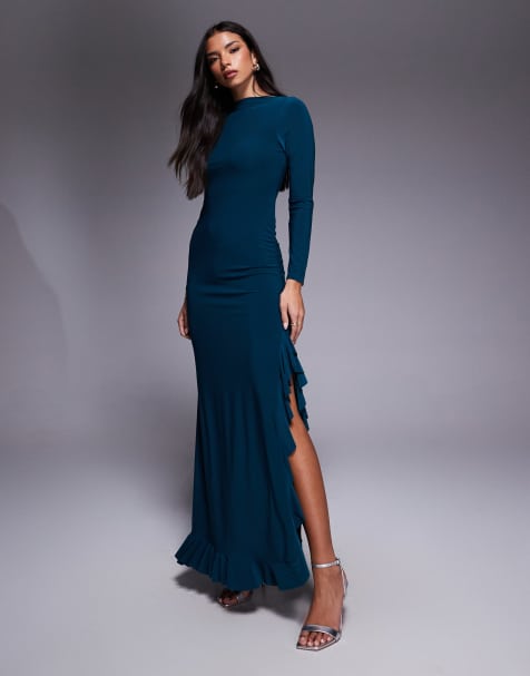 ASOS DESIGN long sleeve frill detail a line maxi dress in teal - view 1