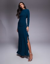 ASOS DESIGN all over sequin long sleeve wrap front detail maxi dress in emerald green